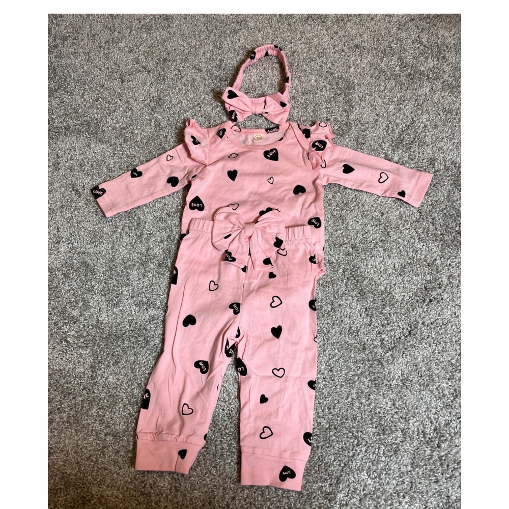 Baby Girl 3-Piece Heart Print Bodysuit Pants and Headband Set Pink  0-3 months